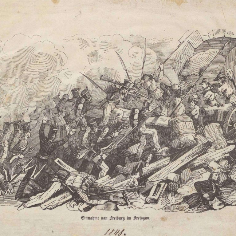 Quelle: Landesarchiv Baden-Württemberg, Generallandesarchiv Karlsruhe, J-G F 2 Bild 1 Stich "Sturm auf Freiburg, 1848"